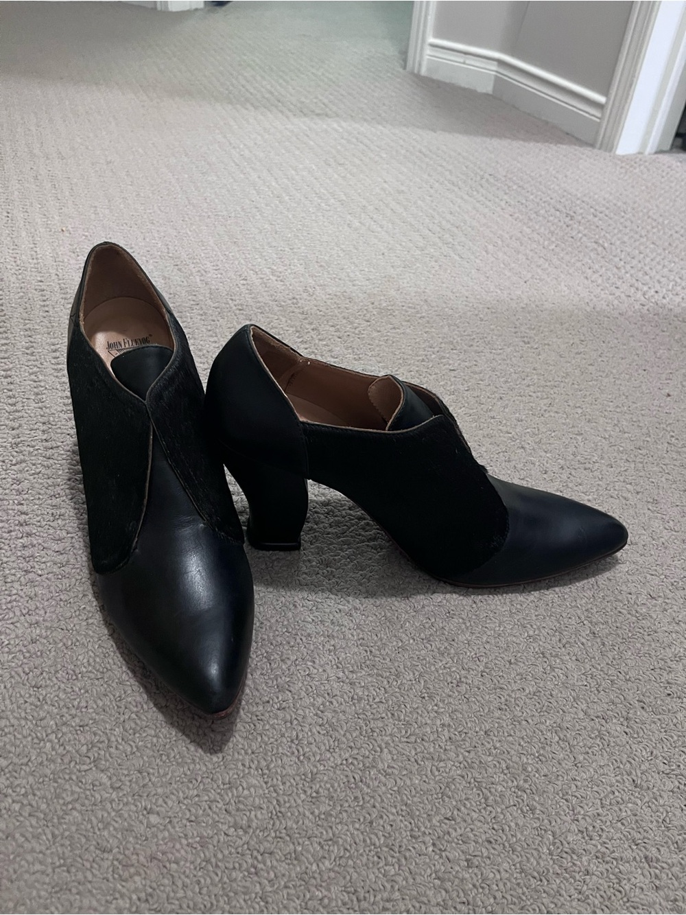 John Fleuvog Black leather and pony hair heels size 10. Excellent condition